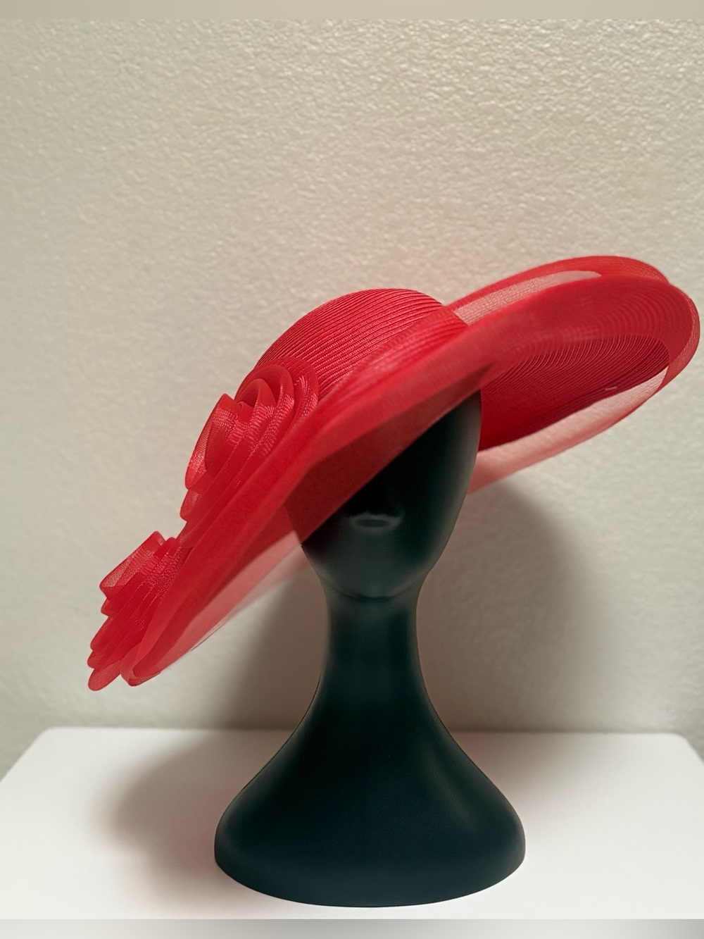 Elegant Red Wide-Brim Dress Hat with Decorative Rosette